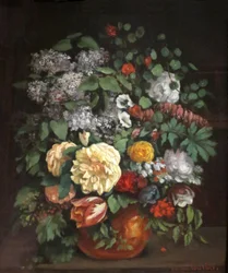Vaas met seringen, rozen en tulpen